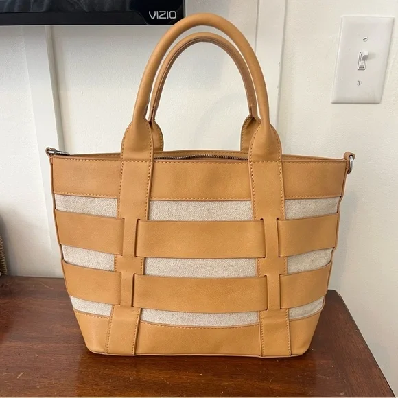 Miztique Tan Natural Faux Leather Canvas Stripe Tote Handbag Purse no long strap - Picture 1 of 8